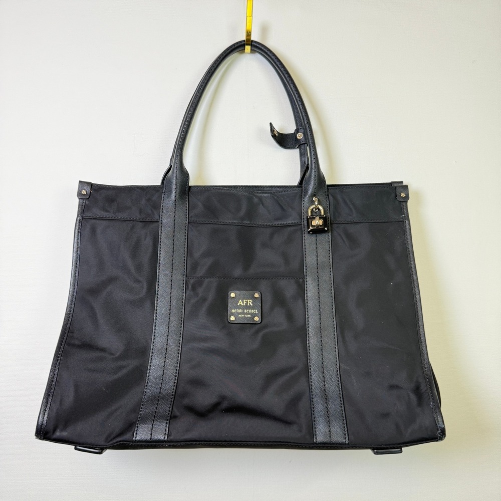 HENRI BENDEL Black Nylon Saffiano Leather Trim Jetsetter Tote Bag Large
